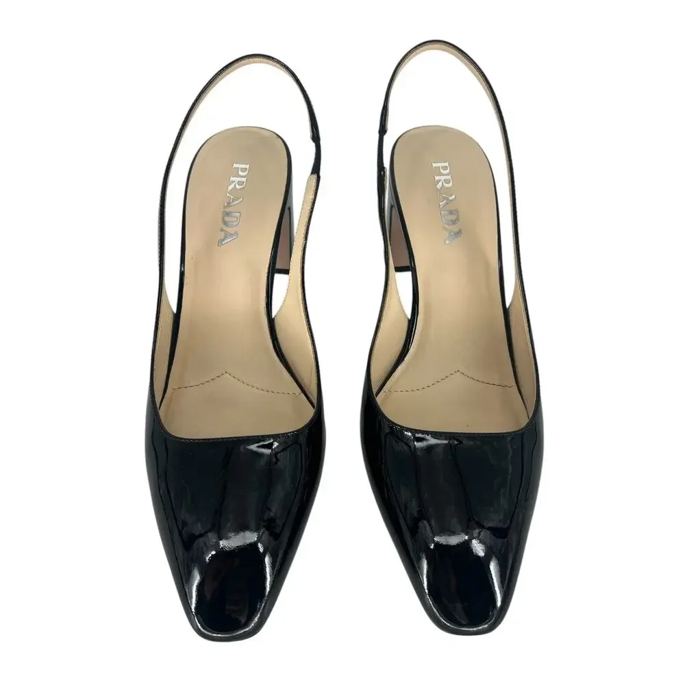 Prada Triangle‎ Logo Patent Leather Slingback Pumps Black 40